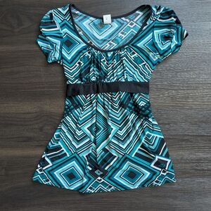 Vintage Y2K Maurices Teal Geometric Babydoll Top Made in USA Size Small
